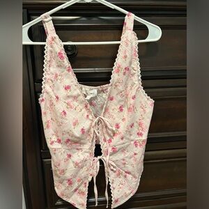 Floral Pink Lace-Up Top M tie front